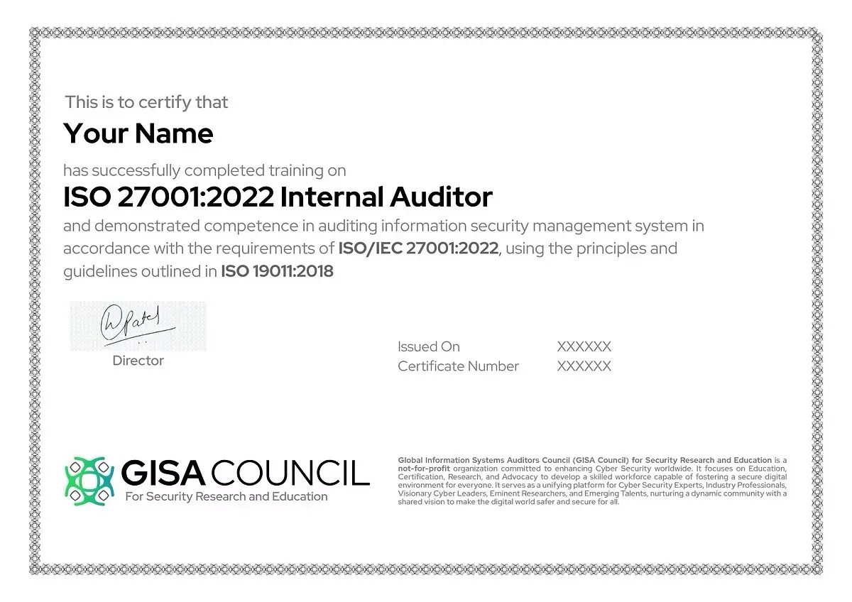 Image of Certificate of completion of internal auditor training on ISMS